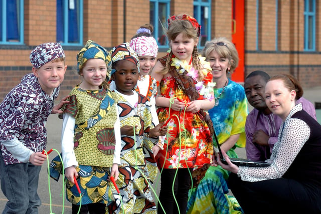 Newbottle Primary School marked a week with visitors from Senegal with a dress-up day in 2011. Pictured left to right were Matthew Cornthwaite, Anna Medhurst, Malaika Ngbongbo, Sarah Bartle and Millie Ramshaw with teacher Janet Holyoak, Senegalese headteacher Boubacar Niasse and Kylie Myers from Omnicom.