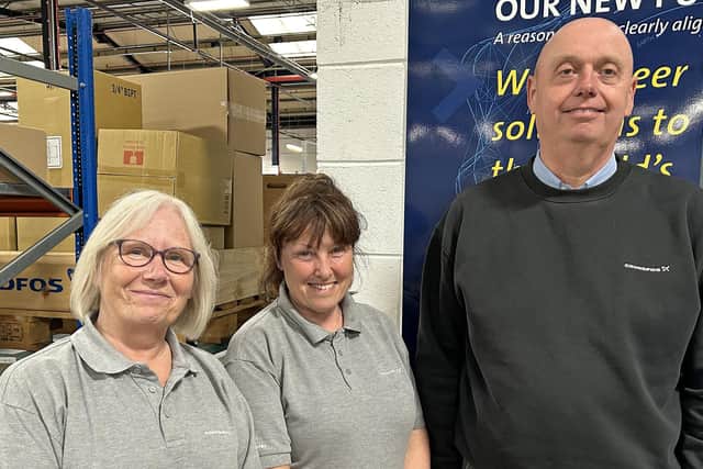 Working for Grundfos since 1980 are, from left: Ann Maw, Christine Grieves and Paul Freeman.