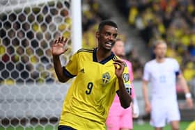 Sweden's forward Alexander Isak reacts during the FIFA World Cup Qualifier football match Sweden vs Czech Republic in Solna, on March 24, 2022. (Photo by JONATHAN NACKSTRAND/AFP via Getty Images)