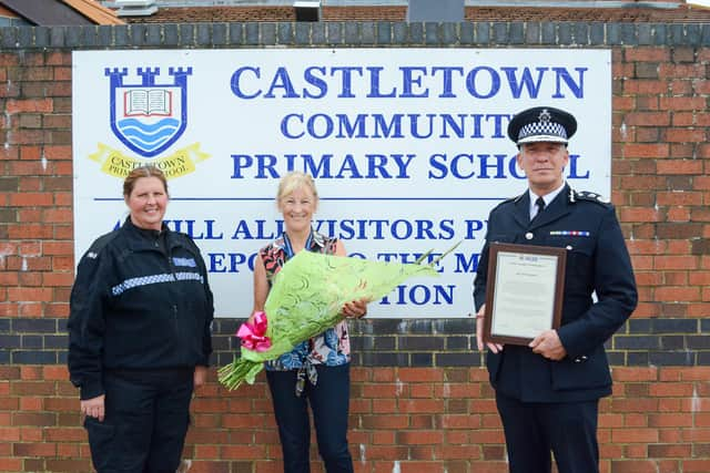 Northumbria Police's Chief Constable has personally thanked Castletown Primary School headteacher Joan Lumsdon for her support of the Mini Police scheme as she retires. Photo: Shane Hopkins.