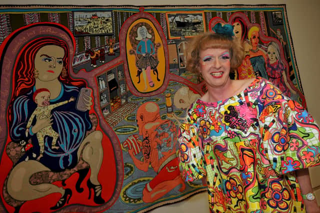 Artist Grayson Perry who is exhibiting a series of colourful tapestries at the Museum and Winter Gardens.
