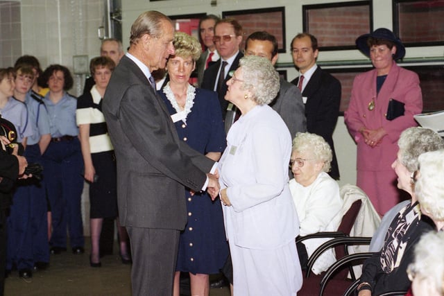 Gilhurst House resident Ada Butler, 79, and warden Mrs June Hazard meet Prince Philip.