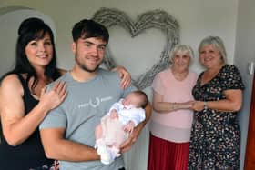Five generation family twice round starting with baby Alayah Rose Robson, 3 weeks, Mathew Robson, Melanie Carr, Lynda Smith and Monica Robinson