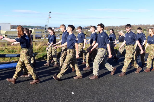 Students at the military preparation college in Sunderland train for a 12 mile Ukraine charity run in April 2022.
