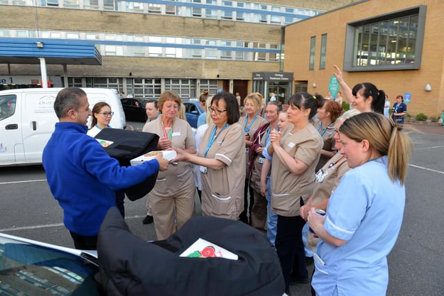 Free pizza from Pizza Uno at Sunderland Royal Hospital following the weekly NHS Clap For Our Carers in 2020.