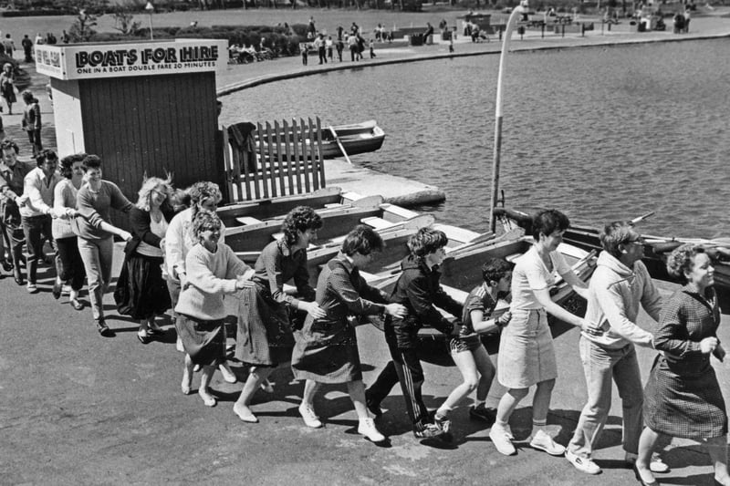 Staff of Woolworths store in South Shields conga their way round the South Marine Park lake for Sport Relief in May 1986. Did you take part?