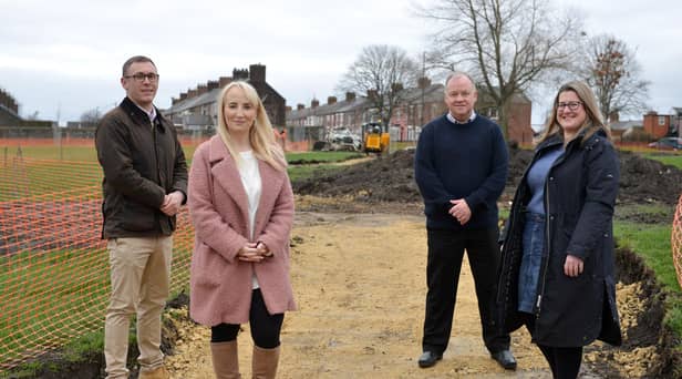 Southwick councillors Cllr. Michael Butler, Cllr Kelly Chequer with Cllr Stephen Foster, Deputy Chair of Sunderland City Council's North Area Committee and Southwick councillor, Cllr Alex Samuels at the site of the new play area which is part of the £740k improvement to Thompson Park
