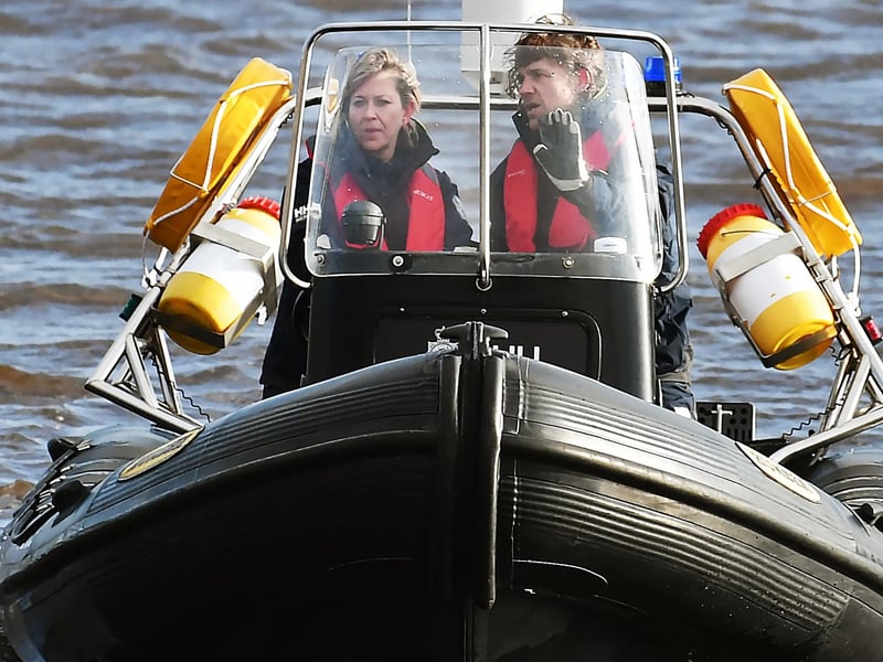 Filming for crime drama Annika takes place in Glasgow on the river Clyde.
Nicola Walker (DI Annika Strandhed) and Jamie Sives (DS Michael McAndrews) are seen filming on Glasgow's river Clyde.