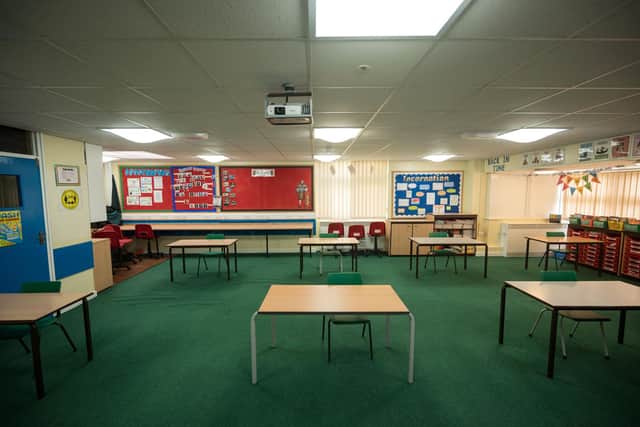 A new set-up in line with social distancing guidelines in a primary school classroom. Picture: AFP via Getty Images.