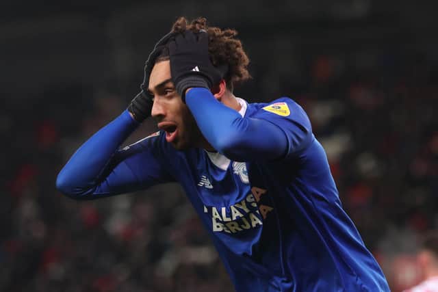STOKE ON TRENT, ENGLAND - DECEMBER 10: Kion Etete of Cardiff City reacts during the Sky Bet Championship between Stoke City and Cardiff City at Bet365 Stadium on December 10, 2022 in Stoke on Trent, England. (Photo by Nathan Stirk/Getty Images)