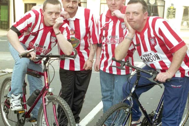 The coast to coast cyclists who missed Sunderland's last match of the season n 1998 - from left to right: Davy Hall, Dawson Boyle, Neil Wright and John Charlton.