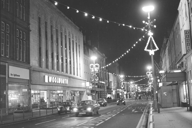 Christmas illuminations in Fawcett Street in 1974.