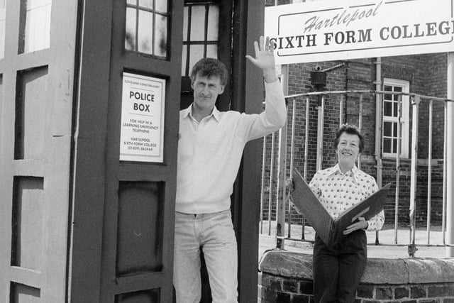 Dr Who's Tardis was at Hartlepool Sixth Form College in May 1995 as part of an Adult Learners Week event at the Elwick Road site. Pictured with the Tardis are mature students Rolf Parvin and Pat Betson.