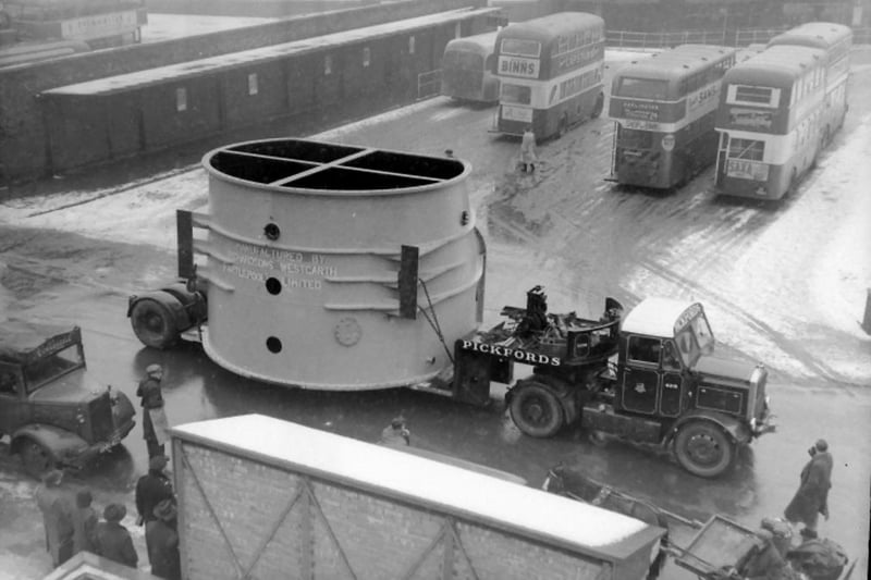 A Pickford's lorry moving a boiler from Richardson Westgarth past the bus station in Clarence Road on a snowy day in the early 1950s. Photo: Hartlepool Museum Service.