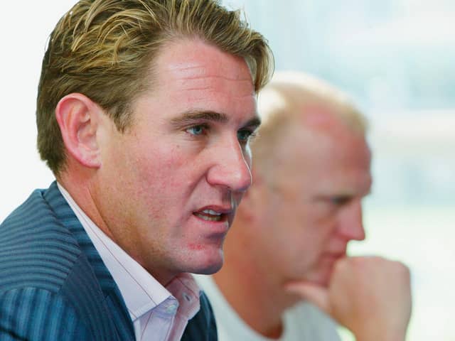 BECKENHAM, UNITED KINGDOM - AUGUST 02:  Chairman of Crystal Palace FC, Simon Jordan and manager Iain Dowie talk to the media as Andy Johnson announces he will stay with Crystal Palace after relegation to the Coca-Cola Championship, on August 2, 2005 at the Palace training ground in Beckenham, England.  (Photo by Julian Finney/Getty Images)
