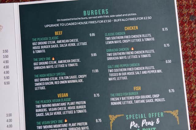 New burger menu at The Peacock.