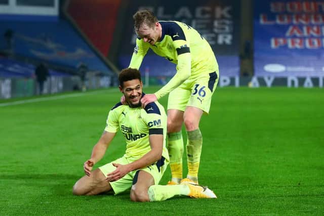 Joelinton celebrates his first Premier League goal of the season.