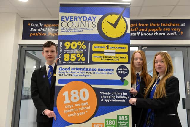 Sandhill View Academy triplet students Imogen, Michael and Milly Laing, 16, highlighting the importance of attendance after not having one day off throughout both primary and secondary schooling.