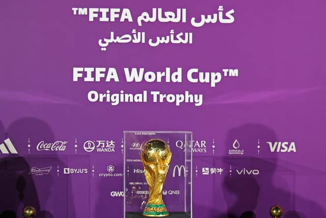 A general view shows the World Cup original trophy on display in the Qatari capital Doha on May 6, 2022, during an event marking 200 days to go until the 2022 FIFA World Cup. (Photo by KARIM JAAFAR / AFP) (Photo by KARIM JAAFAR/AFP via Getty Images)