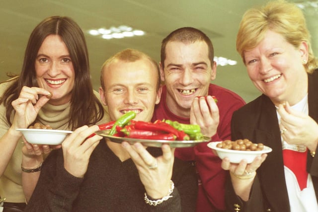 Chilli and Malteser eating at Royal Sunalliance, on Doxford International Park in 2001 and it was all for Comic Relief.