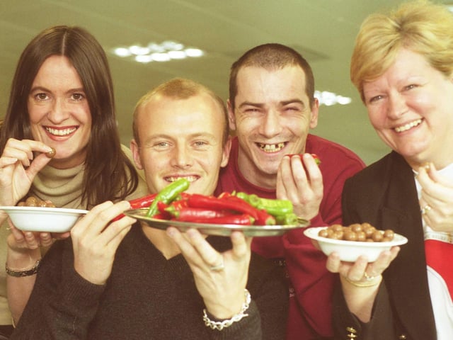 Chilli and Malteser eating at Royal Sunalliance, on Doxford International Park in 2001 and it was all for Comic Relief.