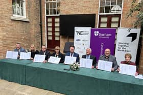 North East council leaders and Levelling Up minister Jacob Young signing the region's trailblazer devolution deal at St Chad's College in Durham.