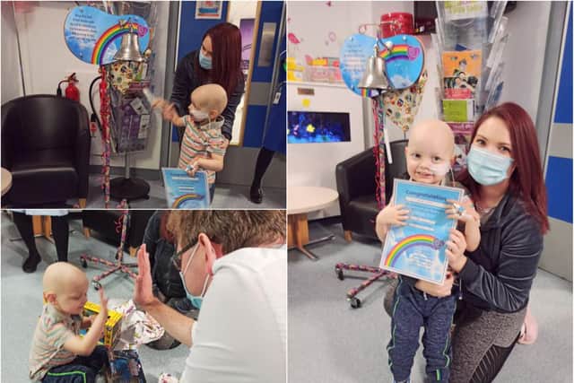 Top left, Joseph Archer rings the bell as he is given the all clear from cancer. Right, with mum Beckie and bottom left, a high-five with Dr Quentin.