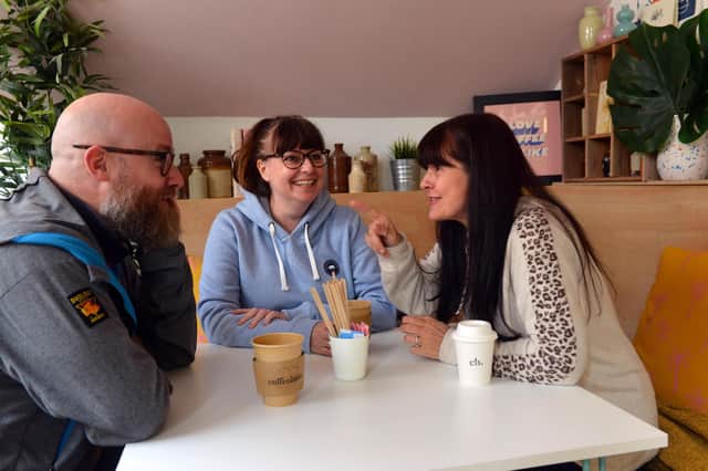 Coffeehaus customers Iain Armstrong, Karen Proud and Jayne Bell enjoying a sit-in coffee