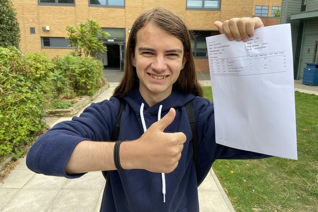 St Anthony's and St Aidan's Catholic Sixth Form student Byron Richardson, 18, gives the thumbs up after opening his A-Level results.