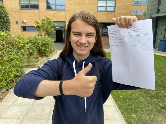 St Anthony's and St Aidan's Catholic Sixth Form student Byron Richardson, 18, gives the thumbs up after opening his A-Level results.