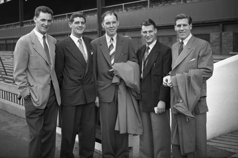 Five internationals looking dapper at Roker Park:  Ray Daniel, Trevor Ford, Jimmy Cowan, Billy Elliott and Len Shackleton.