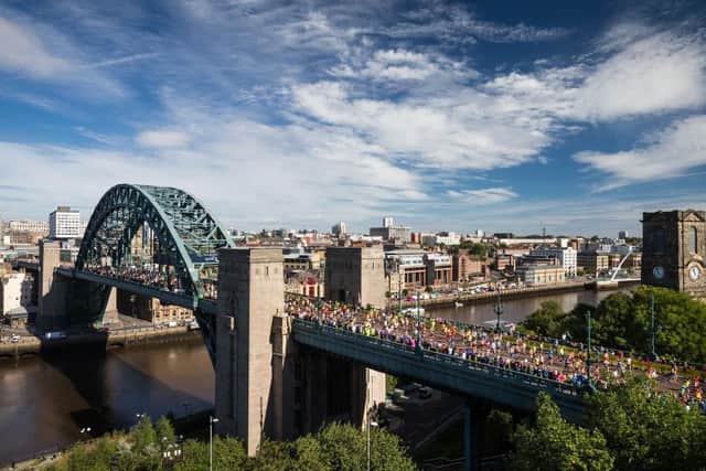 Runners cross the Tyne Bridge in the Great North Run. Credit: The Great Run Company