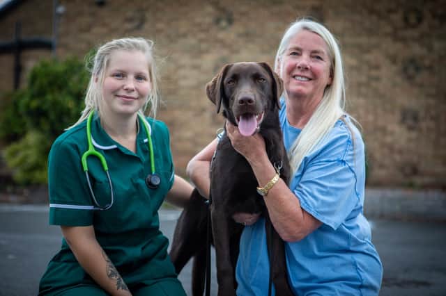 Molly with owner Jan Thubron, from Durham City, and Gilmoor Vets veterinary nurse Lucy Pennington, who helped to save the dog’s life.