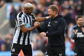 Newcastle head coach Eddie Howe shares a joke with Joelinton after the Premier League match between Newcastle United and Brentford FC at St. James Park on October 08, 2022 in Newcastle upon Tyne, England. (Photo by Stu Forster/Getty Images)