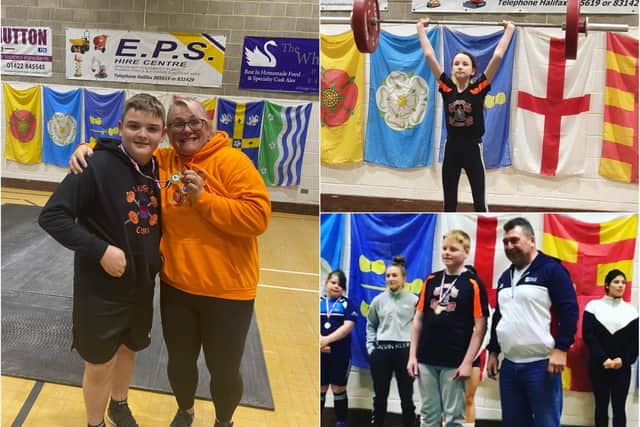 Clockwise from left, Layton Lamont, 12, with coach Zoe Chandler, Libby Warwick-Snow 10 and Zach Taylor, 12, with GB weightlifting coach Save Sawyer.