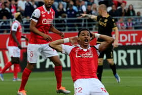 Reims' forward Hugo Ekitike celebrates after scoring a goal during the French L1 football match between Stade de Reims and OGC Nice at Stade Auguste-Delaune in Reims, northern France on May 21, 2022. (Photo by FRANCOIS NASCIMBENI/AFP via Getty Images)