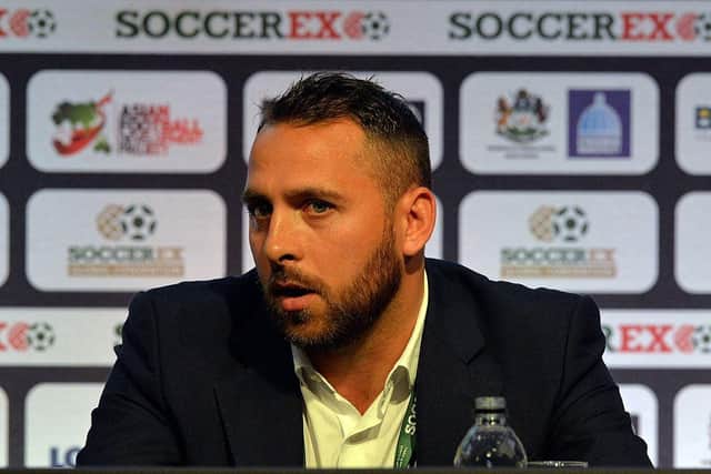 Former Newcastle United striker Michael Chopra speaking about football in India during the Soccerex Global Convention 2014.