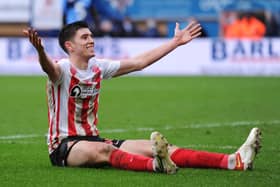 HIGH WYCOMBE, ENGLAND - JANUARY 08: Ross Stewart of Sunderland celebrates scoring their team's third goal during the Sky Bet League One match between Wycombe Wanderers and Sunderland at Adams Park on January 08, 2022 in High Wycombe, England. (Photo by Alex Burstow/Getty Images)