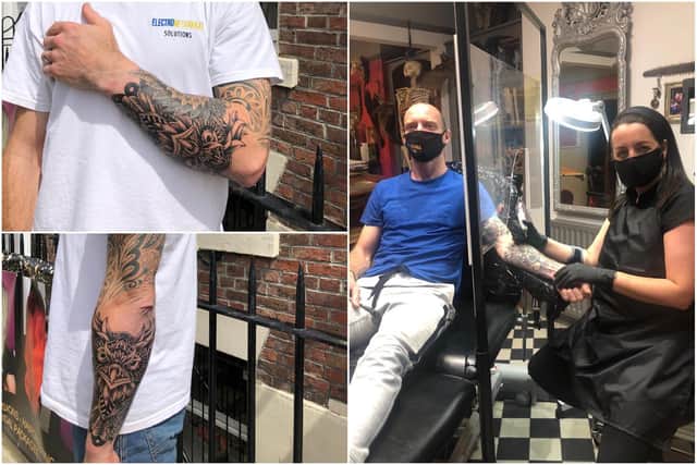 Mel Blyth, owner of Elixir Tattoos on Frederick Street, with client Kris Armstrong during the midnight appointment, along with the finished result.