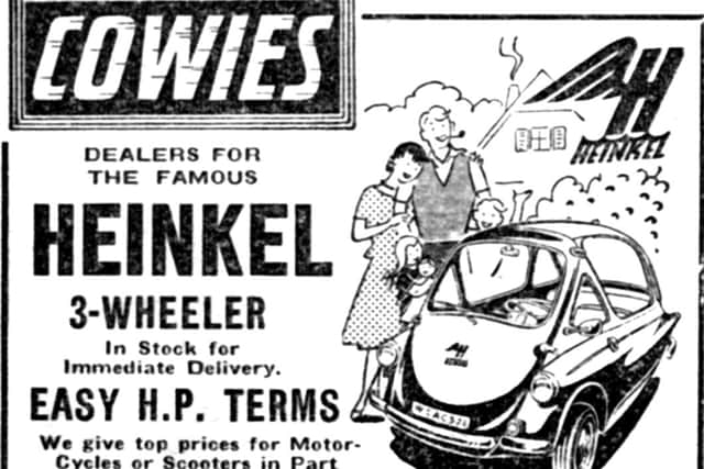 A three-wheel bubble car available on hire purchase from Cowies in 1960.