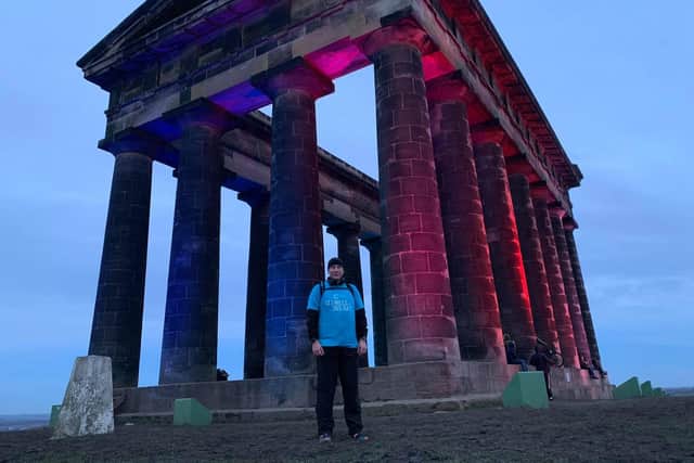 Sergeant Major David Ansell at the top of Penshaw Monument on one of his walks as he raises funds for Cancer Research UK.