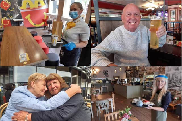 Sunderland was buzzing with people meeting loved ones inside. (clockwise) (top left) Manager of McDonald's Louise Nash. Jon Hutchinson enjoying a pint. Manager of the Keel Lounge Sharon Downey. Sisters Pat Dewar and Ann Graham having a coffee.
