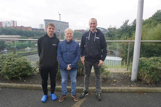 From left: former apprentice Nathan Mcmurrough with Richy Duggan from Sunderland Community Action Group and Jack Liddle from Rise.