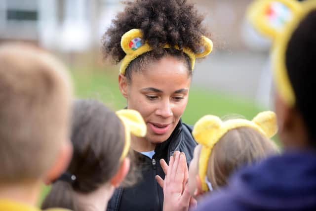 England and former SAFC star Demi Stokes was at Dame Dorothy as part of the BBC's 2023 Children in Need campaign. Sunderland Echo image.