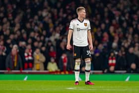 LONDON, ENGLAND - JANUARY 22:   Scott McTominay of Manchester United looks on during the Premier League match between Arsenal FC and Manchester United at Emirates Stadium on January 22, 2023 in London, United Kingdom. (Photo by Ash Donelon/Manchester United via Getty Images)