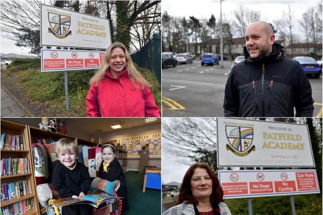 Pupils at Fatfield Academy in Washington have returned to school today. Top left - Mum Lucy Banwell who was dropping her children at school. Top right - Dad Kevin Grimes. Bottom left - Hugo and Esther Grimes (4 and 6-years-old). Bottom right - Headteacher Tracey Pizl.