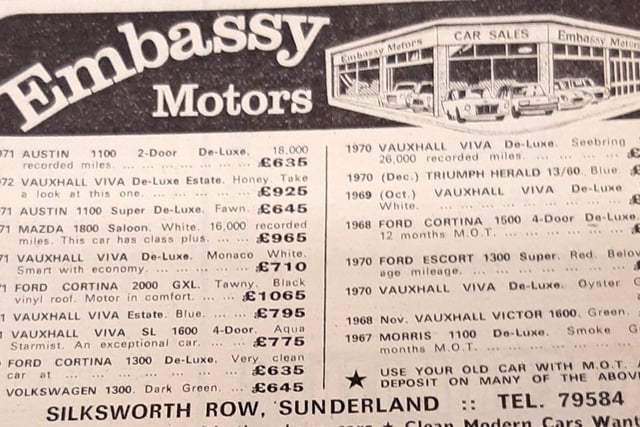 Another great option for a new vehicle was Embassy Motors in Silksworth Row where a nearly new Vauxhall Viva deluxe estate was just £925.