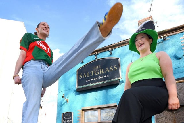 Isabella Tierney frm County Mayo and Amy Carney from County Cork perform an Irish Jig for the Saltgrass customers.