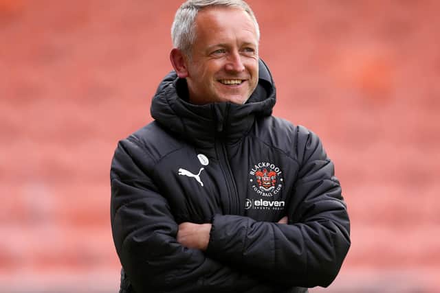 BLACKPOOL, ENGLAND - MAY 04: Neil Critchley, Manager of Blackpool, looks on prior to the Sky Bet League One match between Blackpool and Doncaster Rovers at Bloomfield Road on May 04, 2021 in Blackpool, England. Sporting stadiums around the UK remain under strict restrictions due to the Coronavirus Pandemic as Government social distancing laws prohibit fans inside venues resulting in games being played behind closed doors. (Photo by Charlotte Tattersall/Getty Images)