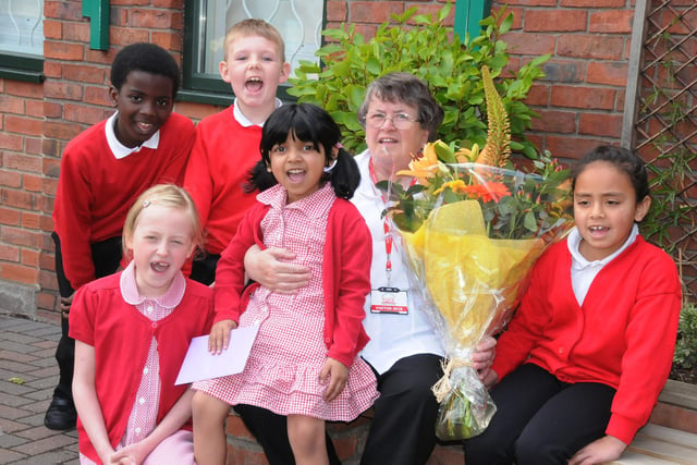 School lunchtime assistant Rene Anderson was celebrating her last day at Richard Avenue Primary School in 2011 after 27 years service with pupils Toby Odumosu 8, Jack Muse 8, Megan Appleby 8, Somaiya Hussain 5, and Maisha Ahmed 8, saying a fond farewell.